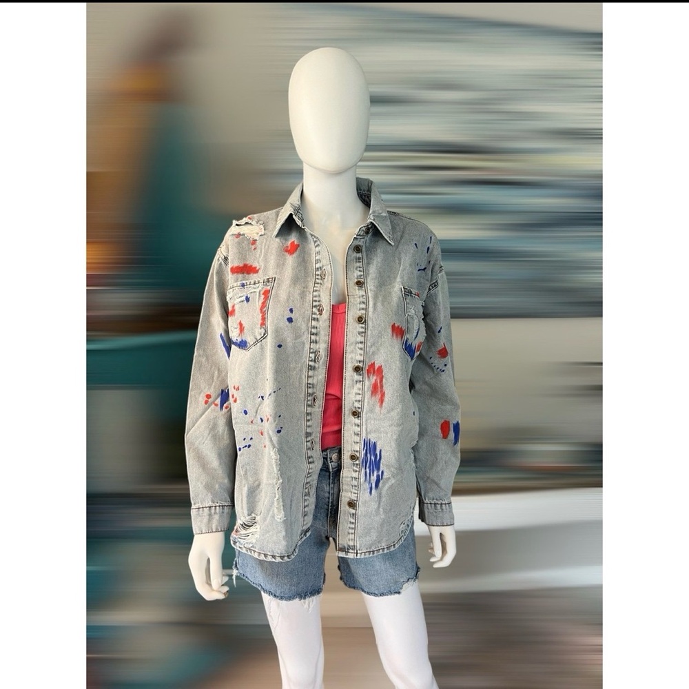 EASEL distressed paint splatter denim top size S, L - Picture 7 of 9